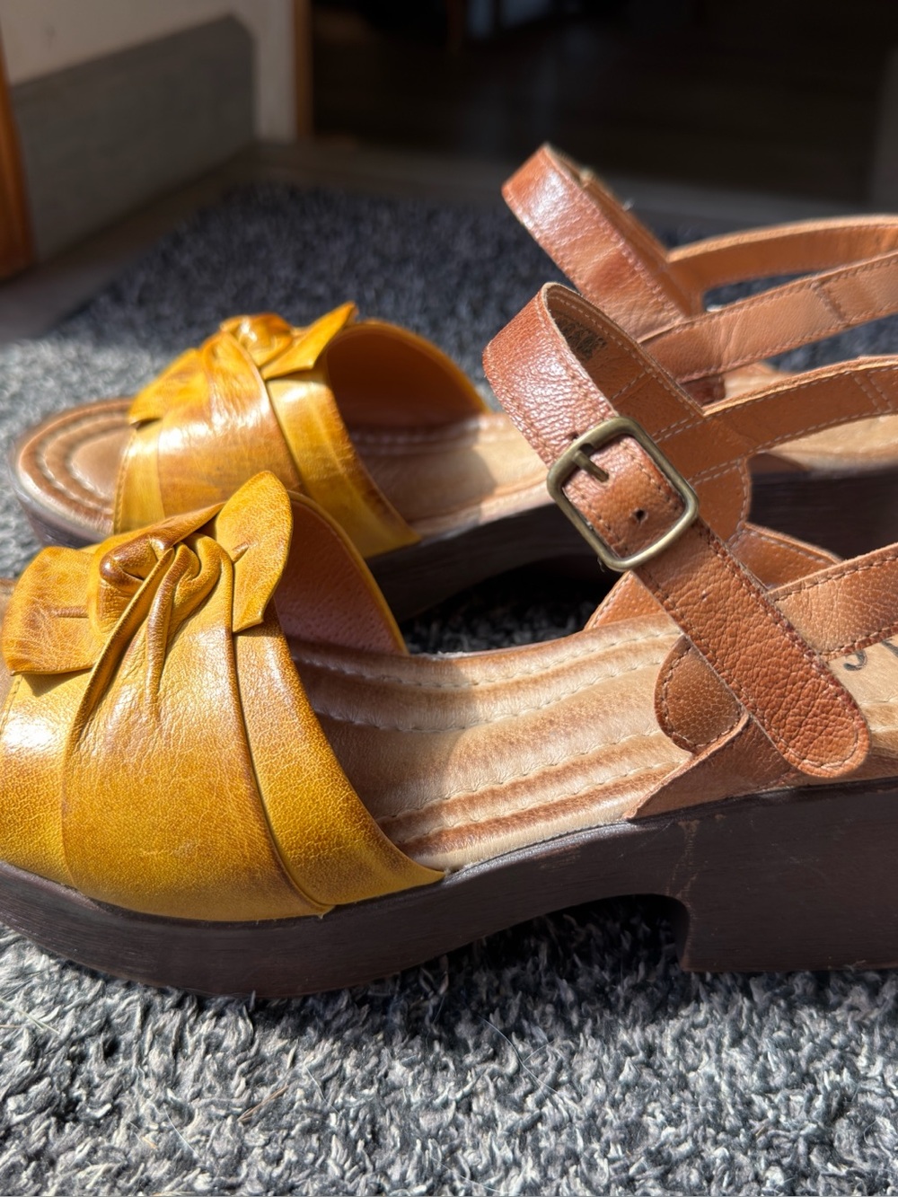 Women's Two-Tone Buckle Platform Sandals in Mustard and Tan